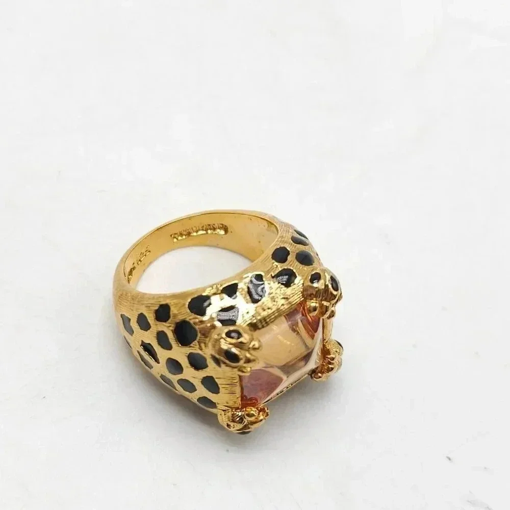 UNCAS Gold Vermeil Over Silver Black Enamel Spotted Leopard Peach Cab Ring Sze 7